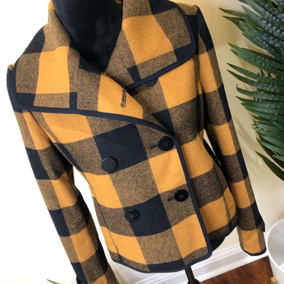 🧥 Ann Taylor LOFT Wool Buffalo Check Swing Coat Yellow/Mustard Navy Medium - Picture 4 of 8